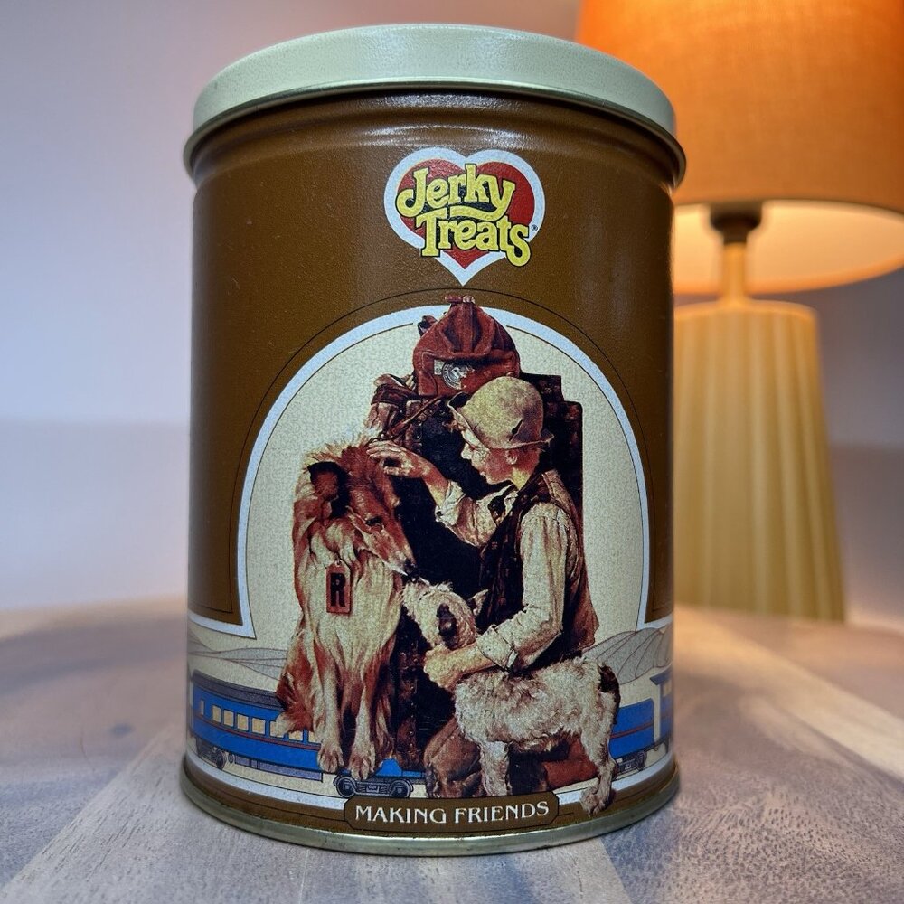 Vintage 80s Jerky Treats Norman Rockwell Collectors Tin "Making Friends" Dog Pal - Picture 2 of 13